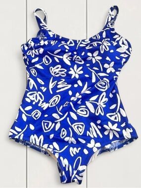 Lands' End Vintage Cobalt Blue and White One Piece Swimsuit US 16